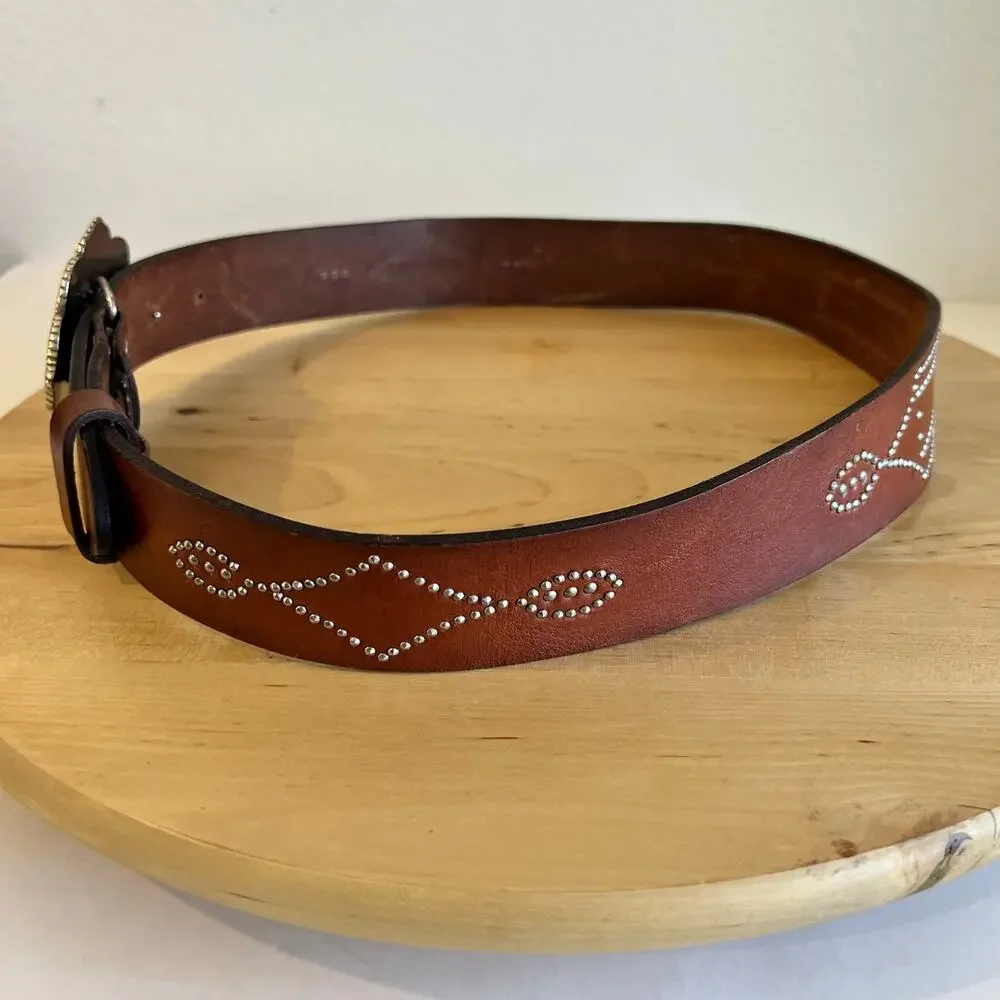 Fossil Brown Genuine Leather Silver Studded Indie Chunky Buckle Belt Size Medium